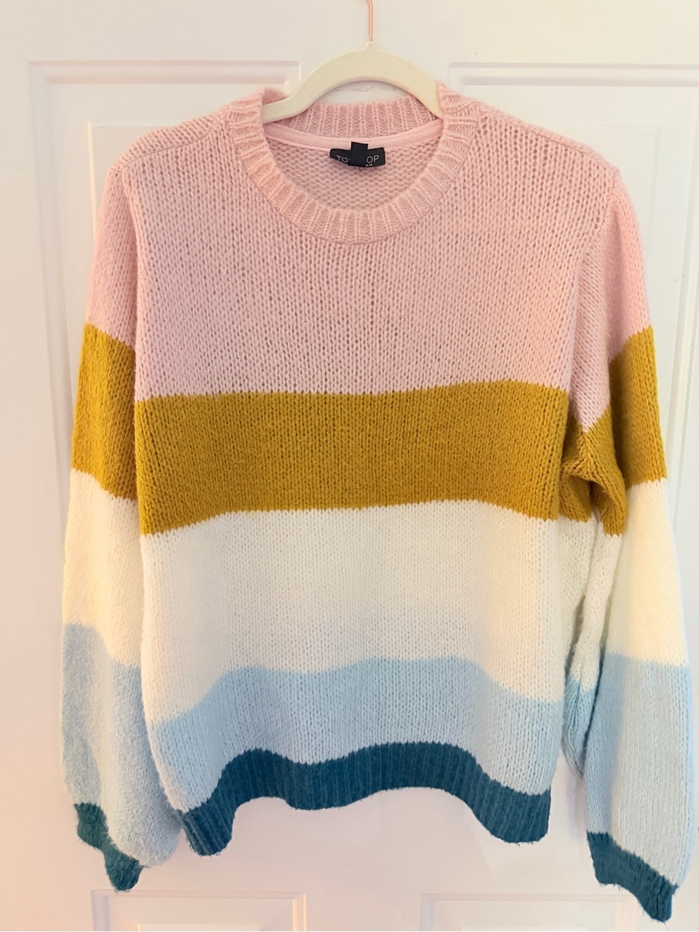 Topshop Pink, Mustard & Blue Stripe Crewneck Sweater